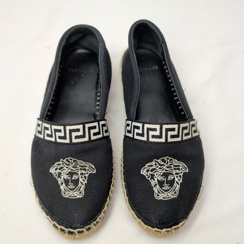 Versace Medusa Greca Espadrilles Black Canvas Slip On Flats Womens 37.5 Spain